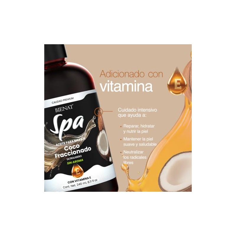 Bienat | Aceite Masaje Coco Fraccionado 240ml | Sin Aroma