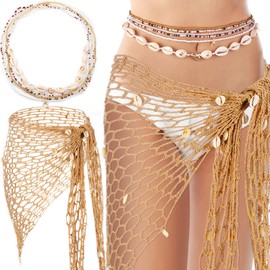 Bunnycool 2 Set Mermaid Crochet Skirt Cover up Seashell Starfish Waist Chains for Women Beach Summer(Shell B)