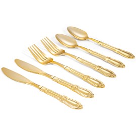 Nervure 150PCS Gold Plastic Silverware - Heavy Duty Disposable Cutlery Set, Luxury Gold Plastic Utensils include 50Pcs Forks, 50Pcs Spoons, 50pcs Knives Perfect for Wedding, Party, Daily Use