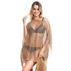 la ceida Women’s Swimsuit Cover Up for Beach Pool Sparkle Glitter Crochet Mesh Swimwear Crochet Dress Gold