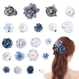 Flower Hair Clip, Pack of 21 Multicoloured Flower Hair Clips, Artificial Blossom Hair Clip, Flower Hair Accessories for Party, Beach, Wedding, Event Decoration (Blue/White Series)