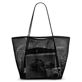 [Kimstore] Beach Bag, Pool Bag, Large Capacity, Quick Drying, Foldable, Mesh Bag for Beach, Shopping, Swimming, Gym, Spa, Spa, Travel Bag (Aray), Black, Free size