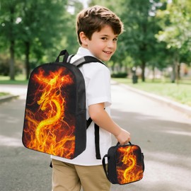 thmnj Dragon Kid Backpack Set with Lunch Bag & Pencil Case Large Capacity School Bag 17 Inch Bookbag for Boy Girl