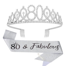 KIUEZIR 80th Birthday Tiara & Sash Set - Silver Rhinestone Headband with Comb with "80 & Fabulous" Glitter Sash, Milestone Birthday Party Accessories for Women (Grandma/Mother/Friend Celebration)