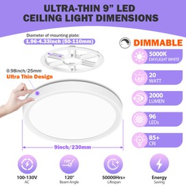 SunRider 2-Pack 9 Inch LED Flush Mount Ceiling Lights, 2300LM, 5000K Daylight White, 20W Dimmable Modern Slim Round Flat Light Fixture for Bathroom