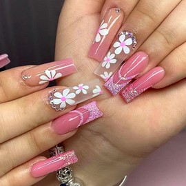 FOXIIU Press on Nails Coffin Long Length Glossy Full Cover Acrylic Coffin Shape French False Nails with Designs Artificial Ballerina Square Fake Nails with Charms Glue ons Nails for Women(XA3928)