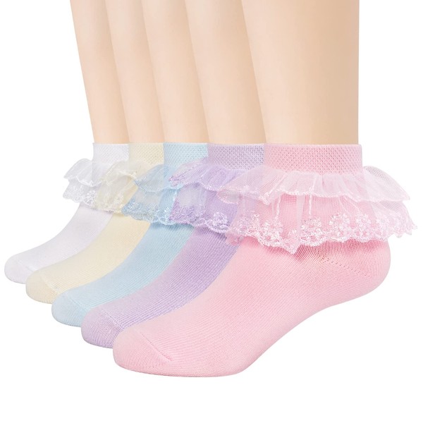 Looching 5 Pack Toddler Baby Girls Ruffle Socks Cotton Lace
