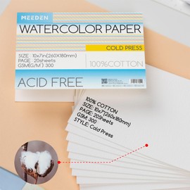 Bloque de Papel para Acuarela MEEDEN, Juego de 20 Hojas de Papel para Acuarela 100% Algodón, 140 lb/300 g/m², Papel de Arte Libre de Ácidos para Acuarela, Gouache, Tinta y Más, 10" x 7" Prensado en