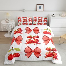 Erosebridal Cherry Bow Comforter Set Full Size,Cartoon Cherry Bowknot Bedding for Girls Teens Kids,Cute Fruit Ribbon Bows Duvet Insert,Watercolor Bowtie Quilt with 2 Pillow Cases Bedroom Decor