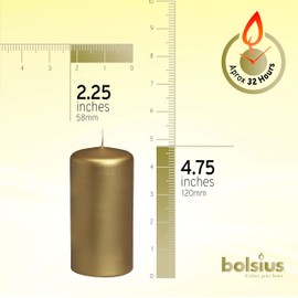 BOLSIUS 10 Gold Pillar Candles Metallic - 2.25 x 4.75 Inches - Premium European Quality - Individually Wrapped - 33 Hours Burn Time - Dripless Smokeless Unscented Wedding, Party, & Home Decor Candles
