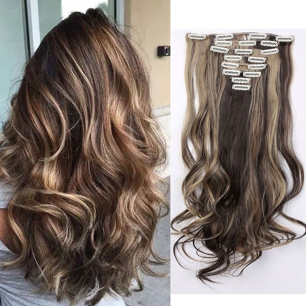 Clip-In Real Hair Extensions, Synthetic Hairpiece, 8 Wefts, 18 Clips for Complete Full Head Hair Extensions, 60 cm, Wavy Dark Brown & Ash Blonde