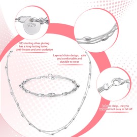 ViEinkaufen Silver Bracelet for Women, 925 Sterling Silver Layered Bracelet & Necklace Set, Adjustable Length, Elegant Pink Box, Birthday Anniversary Present for Her