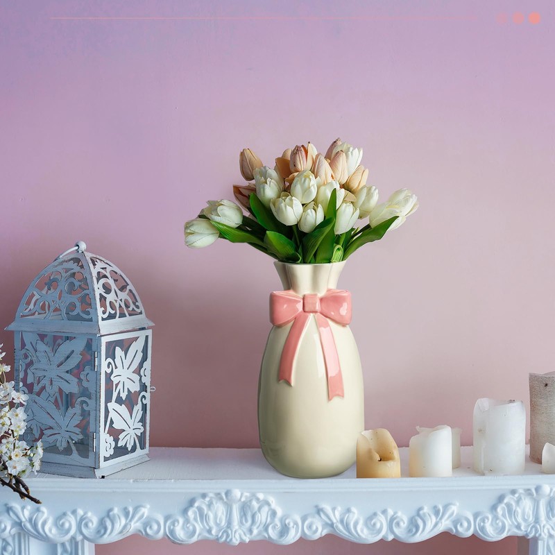 Jingmore Bow Vase, 9.3 Inch White Ceramic Flower Vase with