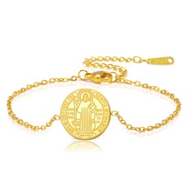 TEAMER Saint Benedict Bracelet Stainless Steel St Benedict Pendant Jesus Cross Religious Catholic Amulet of Strength Peace Prayer Jewellery for Women Men, Stainless Steel