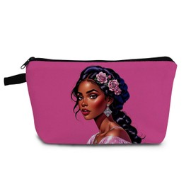 YULUENZE African American Lady Makeup Bag Cute Small Organizer Bag with Zipper Pink Rose Black Woman Cosmetic Bag Aesthetic Birthday Present for Women Sisters Friends