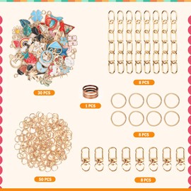 Starry 105Pcs Keychain Making Kit DIY Bag Charm Kit 30 Charms 8 Keychain Clips with Key Ring,Key Chain Kit 8 Extender Chain Swivel Snap Hooks Gold Charms 50 Jump Ring DIY Craft Supplies