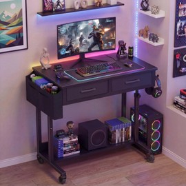 Small Portable Rolling Standing Desk - 32 Inch Adjustable Mobile Stand Up Gaming Desks with 2 Fabric Drawers on Wheels, Couch Sofa Side Laptop Table with Storage for Home Office, Black