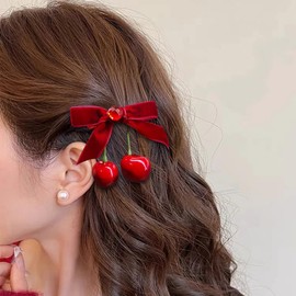 6PCS Cherry Bow Hair Clip,Cute Hairpin Realistic Cherry Hair Clips,Red Velvet Bow Hairpin Chirmas Cute Alligator Clips Artificial Fruit Hair Barrettes Women Girls Teen Hair Accessories