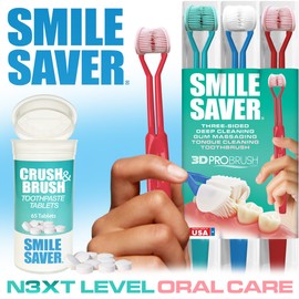 SMILE SAVER 360° 3-Sided Toothbrush 3PK + Toothpaste Tablets | Deep Clean + Gum Massage + Tongue Cleaner Scraper | Everyone can Easily Brush Better: Adults Children Braces Special Needs Travel Gift