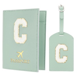 PATIKIL Passport Holder for Travel, Initial Passport Cover and Luggage Tag Set with Alphabet Chenille Letter Patch Travel Wallet Bag Suitcase Identifier for Women Family Travel Green C