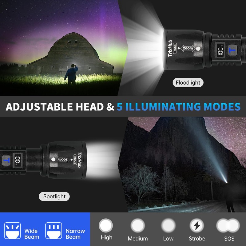 Rechargeable Flashlights 2Pack High Lumens, 5Mode Rechargeable Flashlights with LCD