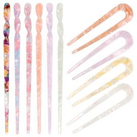6+4P Acetate Hair Sticks Set, Coldairsoap 2 Styles Tortoise Shell Hair Pins U-Shaped Straight Chopsticks 10 Colors Vintage French Hair Forks for Women (Elegant)