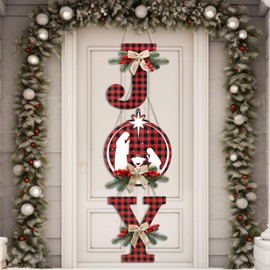 Soaoo 1 Set of 3 Pcs Christmas Joy Sign Buffalo Plaid Christmas Wreaths Rustic Burlap Wooden Hanging Front Door Decorations for Xmas Home Outdoor Window Indoor Porch Holiday Wall Decor Party Supplies