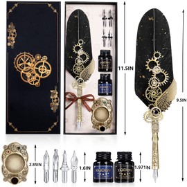 AIYNC Feather Pen Ink Set, Quill Pen and Ink Set,Fountain Dip Pen Calligraphy Pen Set for Writing, Writing Letters,Signing Invitations,Christmas Gift for Handwriting Lovers Birthday Gift(Black)