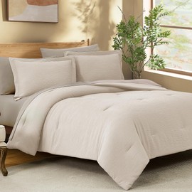 MaiRêve Beige Queen Size Comforter Sets, Textured Design Minimalist Queen Size Bedding Set, Comfortable Farmhouse Bed in a Bag Queen 7 Pieces with Comforter, Sheets, Pillowcases & Shams (90"x90")