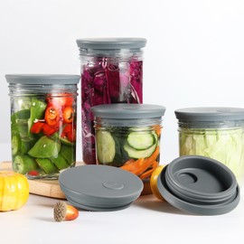 Silicone Fermentation Lids for Wide Mouth Mason Jars, 4-Pack Waterless Silicone Fermentation Air Lock Fermenting Jar Lid for Kimchi, Sauerkraut & Fermented Pickles, Dishwasher Safe & Easy Cleaning
