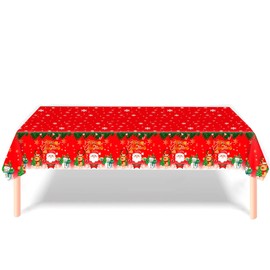 Christmas Table Cloth, Christmas Table Decoration Red Christmas Tablecloth with Santa and Snowman, 137*274cm Disposable Plastic Table Cover for Xmas Party, Holiday Table Decorations and Supplies