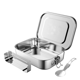 ikuchelife New 1400 ml lunch box made of 304 stainless steel with double buckle handle, sealed, movable divider and folding spoon, lunch boxes metal, environmentally friendly and BPA-free for school