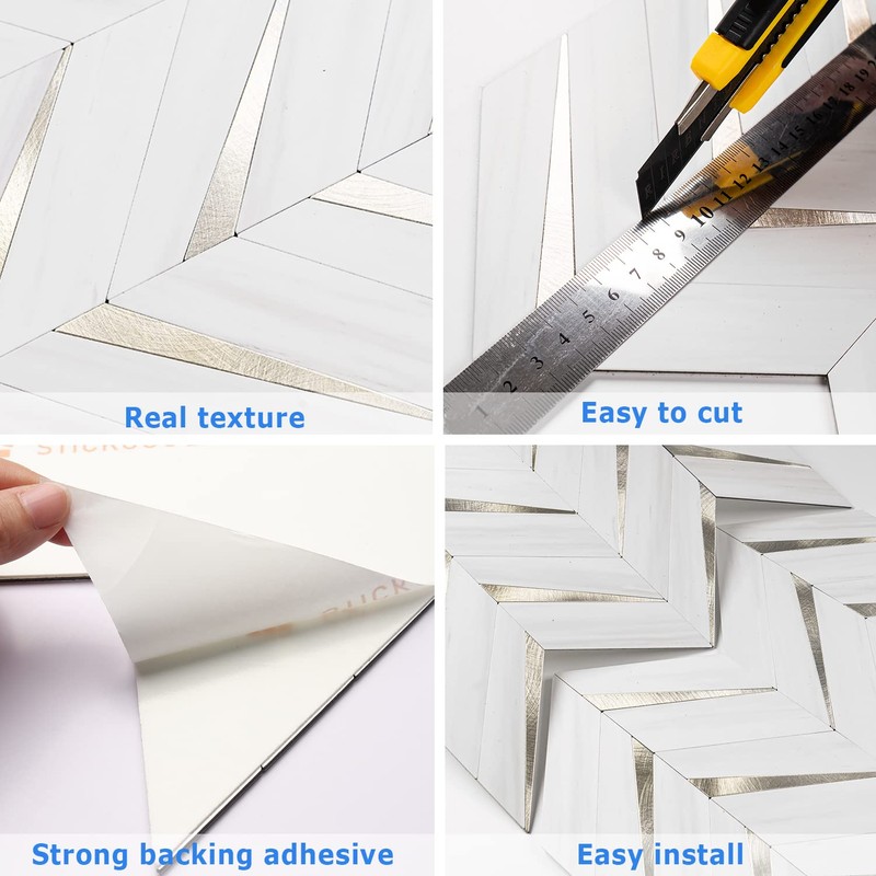STICKGOO 10-Sheet Herringbone Tile Peel and Stick Backsplash, Dolomite White