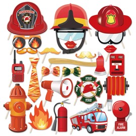 Kristin Paradise 25Pcs Fireman Photo Booth Props with Stick, Firefighter Theme Selfie Props, Fire Truck Birthday Party Supplies, Fire Fighter Photography Backdrop Decorations for Photobooth