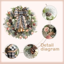 22" Green lamb's Leaves Wreaths for Front Door Winter Spring Wreath with Pine Cones Shells Satin Bow Bells,Artificial Wreath for Indoor Outdoor Farmhouse Home Porch Wall Window Festival Wedding Decor