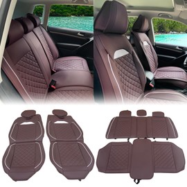 IKON MOTORSPORTS PU Leather Car Seat Covers, Waterproof Auto Seat Cushion Protector Cover, Universal fit Driver Seat Cover for Most Cars SUV Trucks (Front Rear Full Set, Brown & White