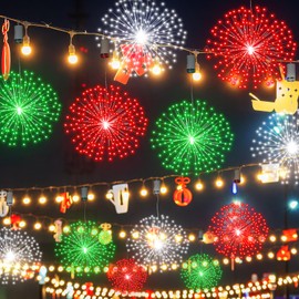 Tujoe 6 Pack Firework Lights 225 LED Copper Wire Battery Operated Hanging Sphere with Remote, 8 Modes Carnival Fairy Ceiling Masquerade Decorations for Party Favor(Red,Green,White)