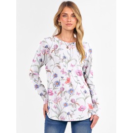 Prinbara Blouse for Women Dressy Casual Long Sleeve Shirts Plaid Striped Printed Tunic Tops 2025 Fall Outfits Pink Flower Cluster X-Large