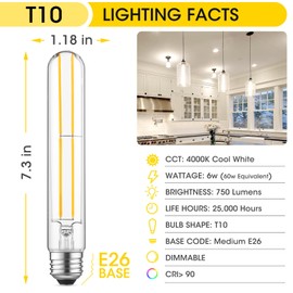 Gozelux T10 LED Bulb 6W Equal E26 LED Bulb 60 Watt Dimmable Cool White 4000K E26 Edison Bulb AC120V 750lm Tubular Light Bulb T10 for Rustic Pendant, Island, Chandeliers, Wall Sconces, Pack of 6