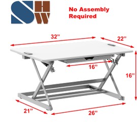 SHW 32-Inch Height Adjustable Standing Desk Converter Riser Workstation with Drawer, White