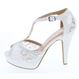 TOP Moda Womens Hy5 Formal Evening Party Lace Ankle T-Strap Peep Toe Stiletto High Heel Pumps,White-1,6.5