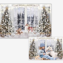 Christmas Winter Backdrop Wonderland Glitter Snowy Forest Pine Tree Background Christmas Xmas Holiday Party Decor Banner Portrait Studio Booth Photobooth Props 7x5ft