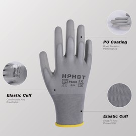 HPHST PU Coated Safety Work Gloves, 12 Pairs Work Gloves Polyurethane Coated Smooth Excellent Grip on Palm&Fingers - Grey (L)