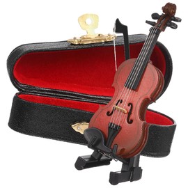 NUOBESTY 1 Set Miniature Wooden Violin with Rack, Bow and Case, Realistic Desktop Violin Ornament for Home Dollhouse Photo Prop