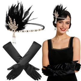 Amariver 1920s Flapper Accessories Great Gatsby Costume Accessories 1920s Headpiece with Feathers Black Flapper Headband and Gloves Set