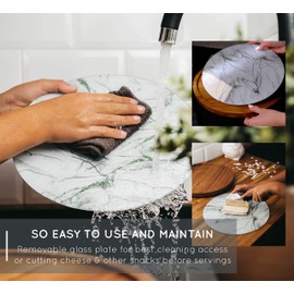 Lazy Susan Turntable - 2in1 Acacia Wood and Removable Glass Plate with White & Gray Marble Texture 12 inch