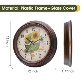 VIKMARI 12 Inch Sunflower Wall Clock Large Silent Non Ticking Vintage Clock for Kitchen Living Room Bedroom Office