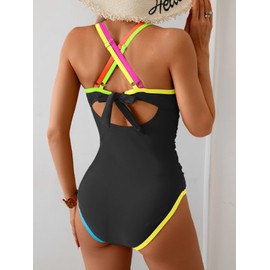 B2prity Women's One Piece Swimsuit Tummy Control Slimming Bathing Suit V Neck Neon Color Block Tie Back Swimwear
