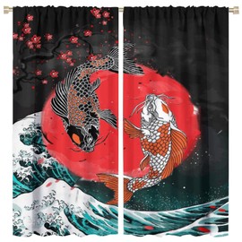 Cortinas japonesas de peces Koi, estilo asiático Koi, cortina de bolsillo para barra de ventana, para recámara, cocina, sala de estar, decoración de 42 x 45 pulgadas