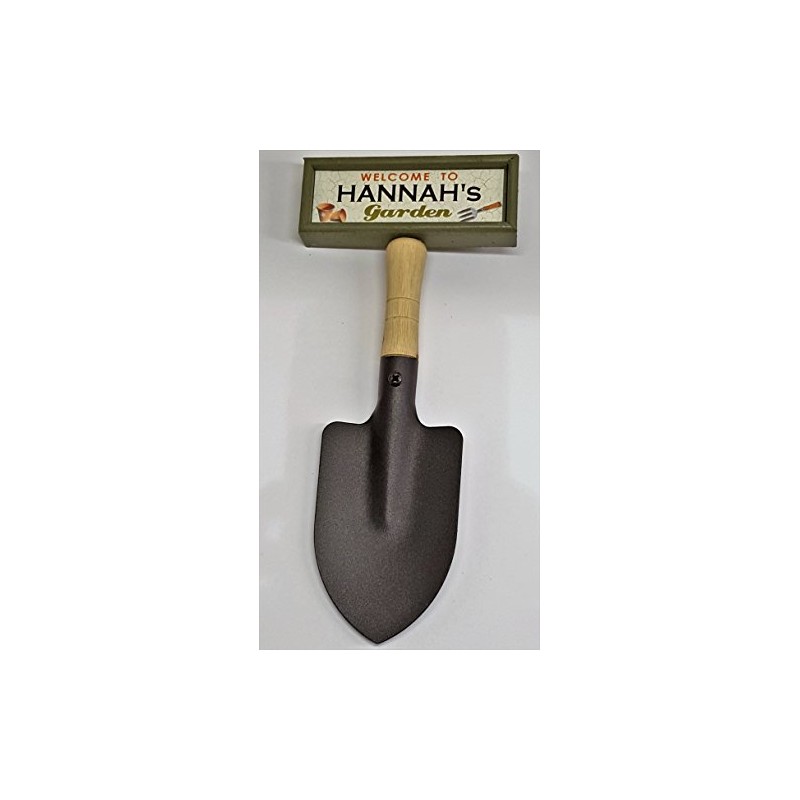 "Welcome to Hannah's garden" hanging shovel sign